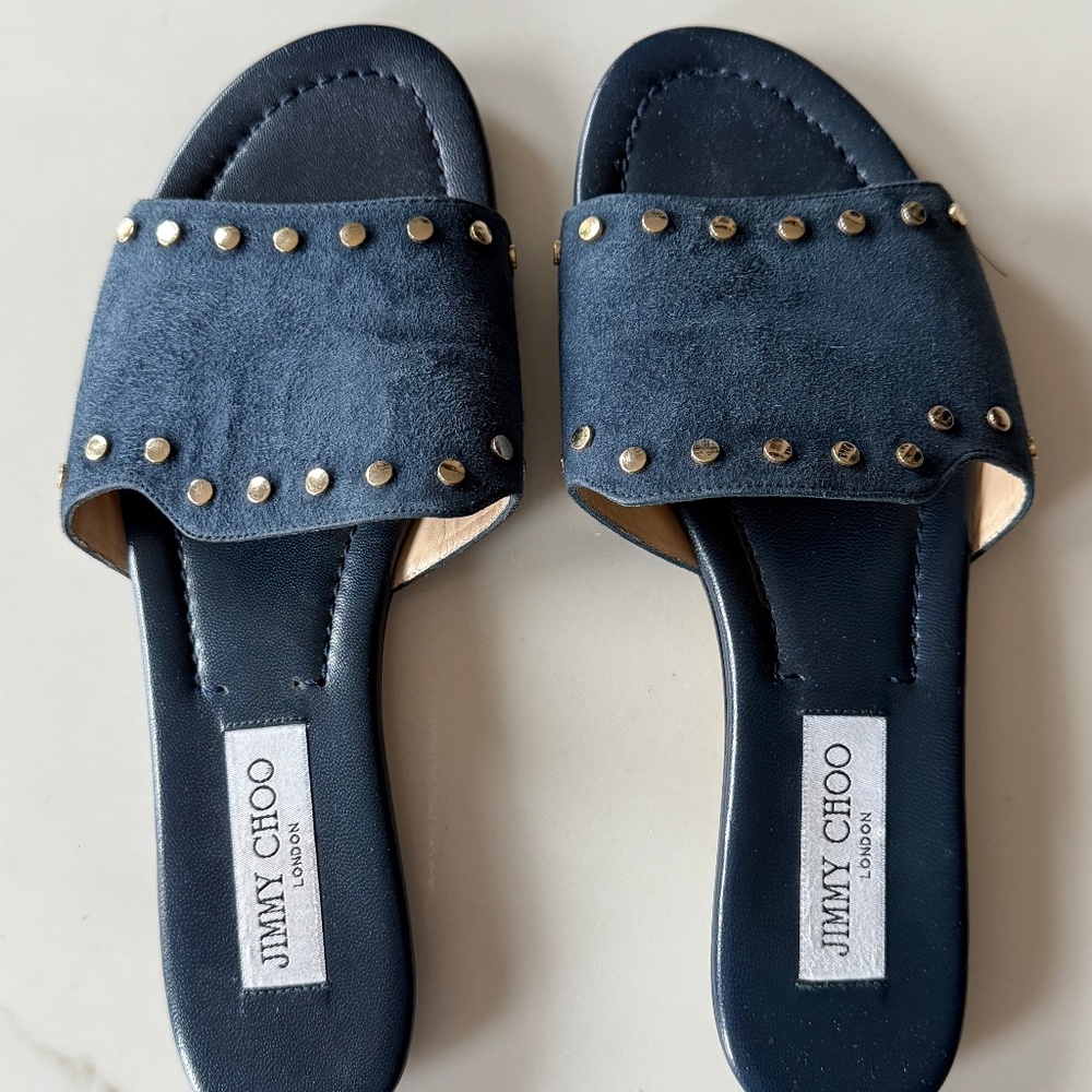 Jimmy Choo Nano Studded Blue Suede Flat Slide 39